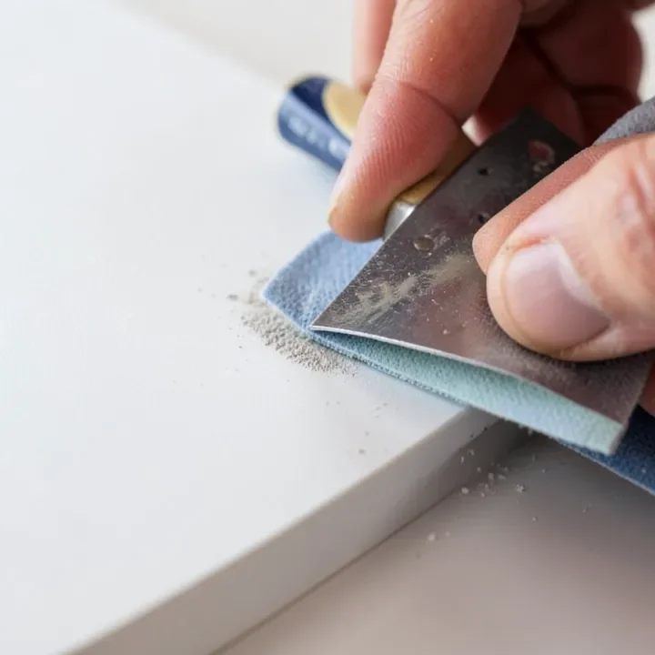 Sanding a melamine board surface to prepare it for gluing