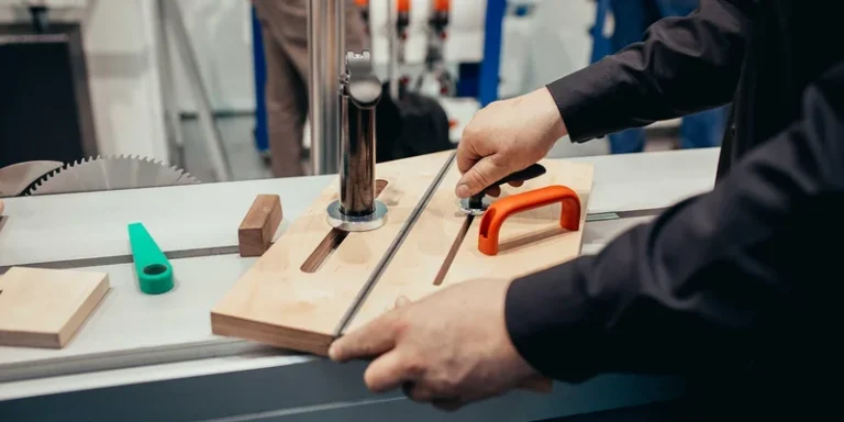 Sliding table saw set up to cut a long board