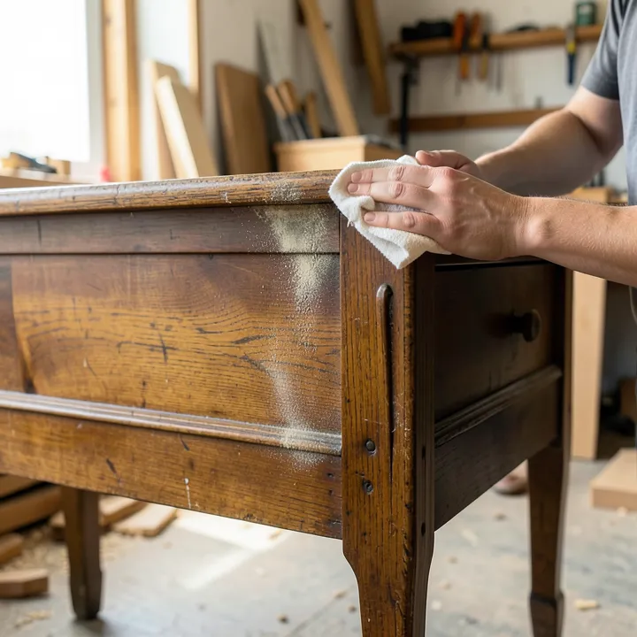 Antique wood furniture with mildew being wiped down with a soft cloth