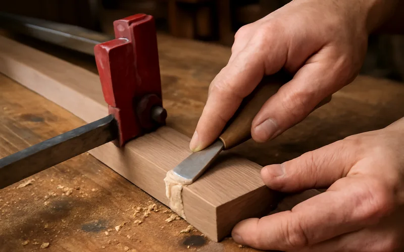 Woodworker removing dried glue squeeze-out from a clamped hardwood joint with a chisel