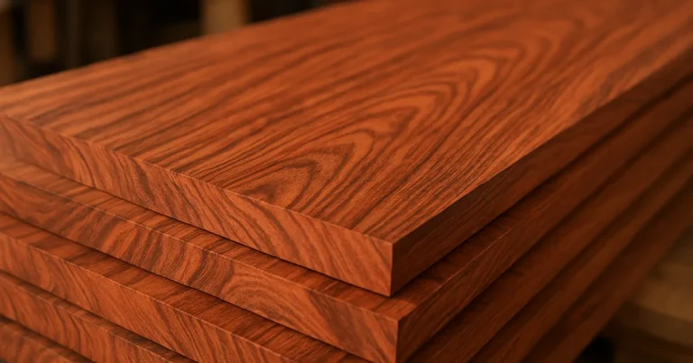 Stack of reddish-brown sapele boards showing fine interlocked ribbon-stripe grain