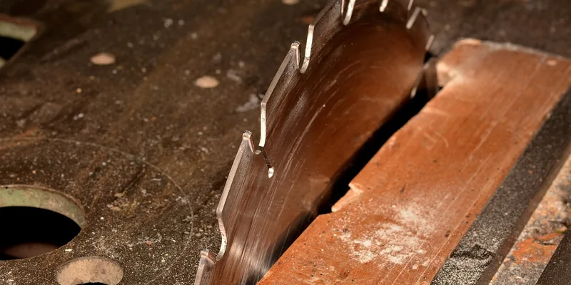 Blade clearing a cut mid-pass Saw blade partway through a crosscut, showing how much workpiece height the blade must clear