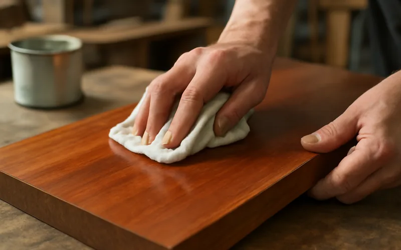 Woodworker wiping sanding sealer onto a sapele board with a cotton rag before staining