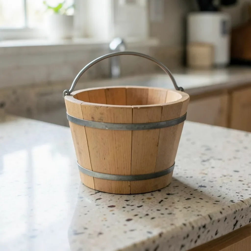 Wooden ice cream bucket with a metal handle on a kitchen counter