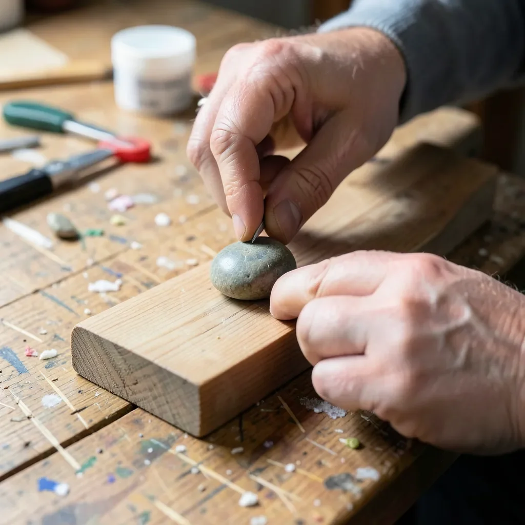 Gluing a river rock onto a wood plank