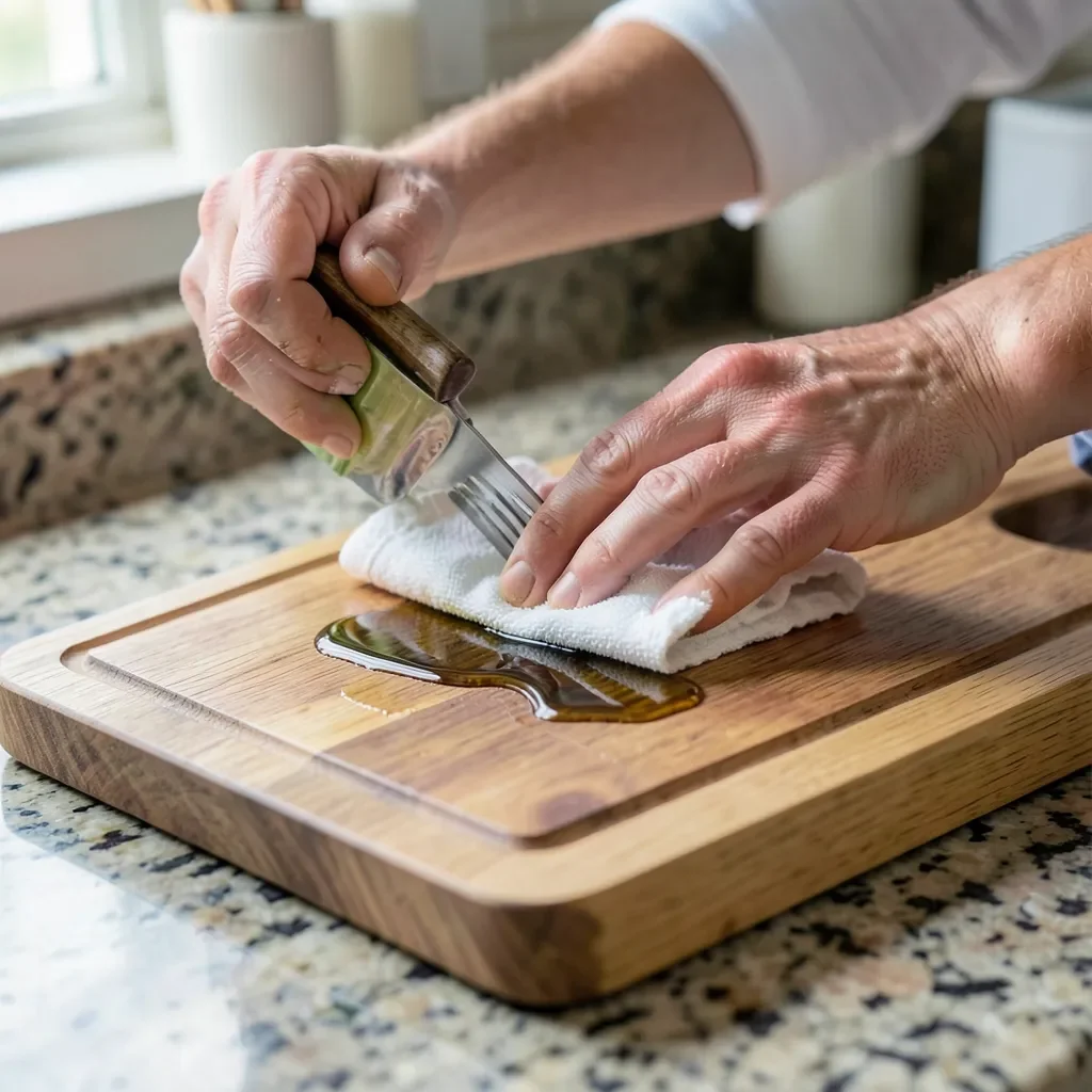 Applying food-safe mineral oil finish to a wood cutting board