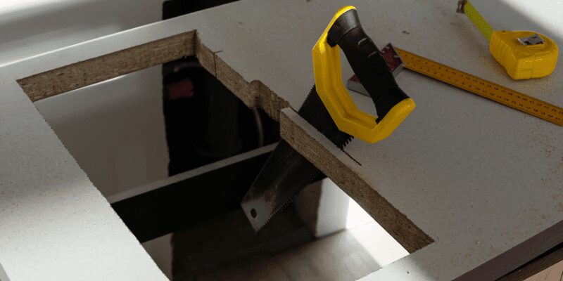 hand saw finishing a sink cutout corner in a particleboard countertop substrate