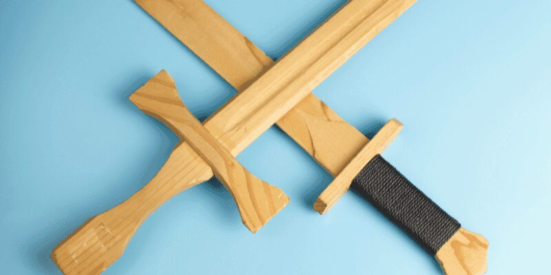 Handmade wooden sword hilt detail