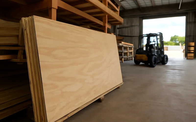 Stacked plywood sheets in a lumber yard warehouse