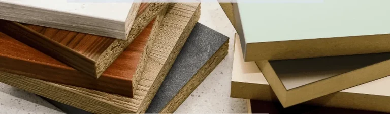 stacked sheets of plywood, particleboard, and MDF showing edge and surface differences