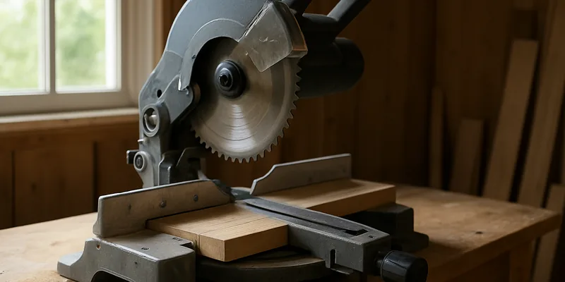 compound miter saw with the blade tilted for a bevel cut compound miter saw with the blade tilted for a bevel cut on a workbench