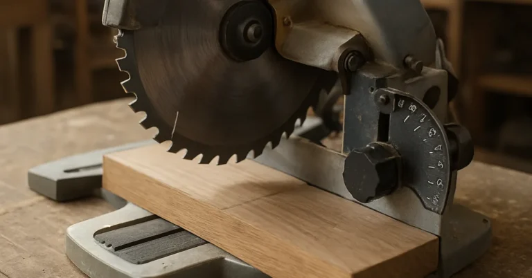Miter saw bevel tilt angle scale with blade positioned over an oak workpiece
