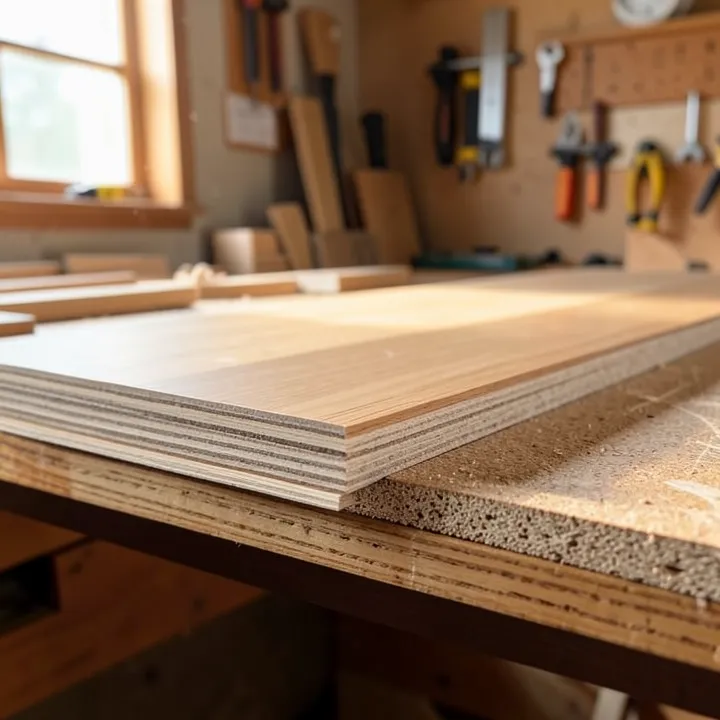 Cross-section comparison of engineered wood panel layers versus particle board
