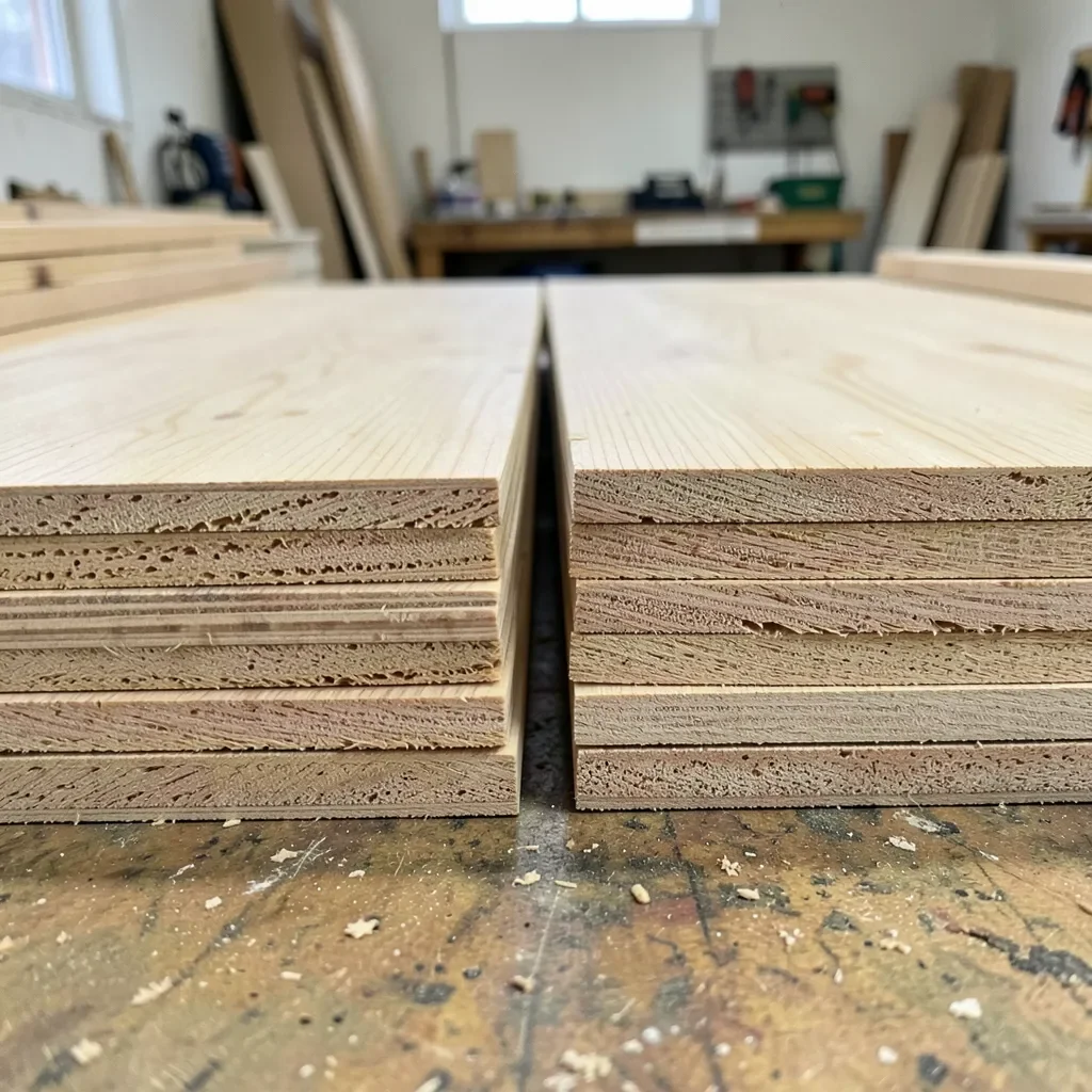Stacked engineered wood and plywood sheets showing cross-section layers