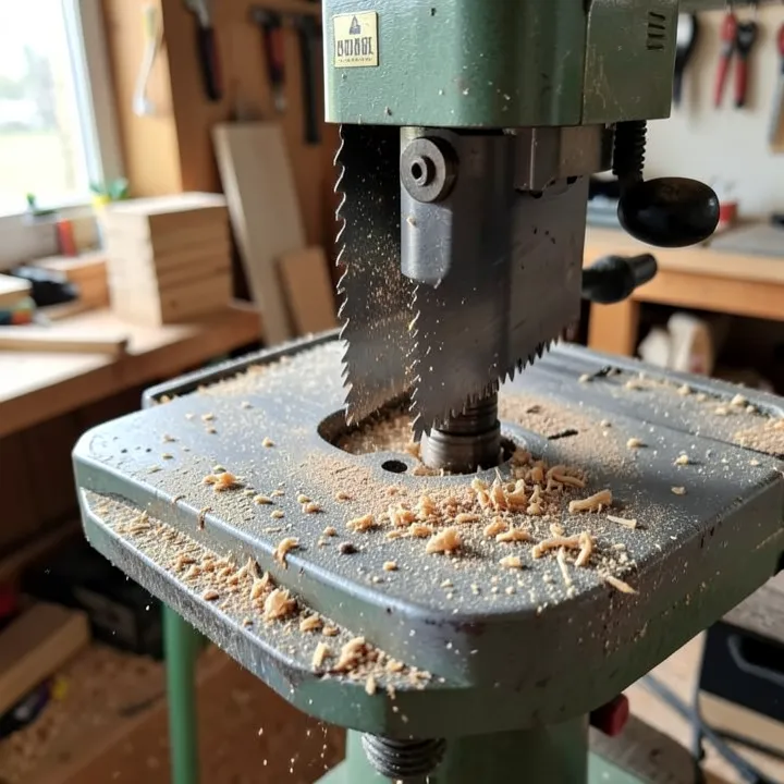 Rust spots and sawdust buildup on a table saw blade and top before cleaning Rust spots and sawdust buildup on a table saw blade and top before cleaning