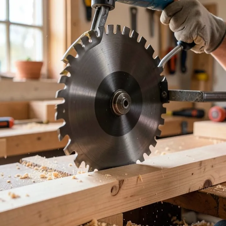 circular saw blade cutting through a wood board close up circular saw blade cutting through a wood board close up