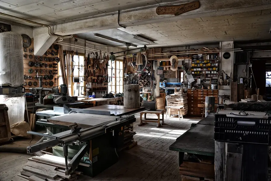 A fully equipped woodworking shop with marking and measuring tools within reach of the workbench A fully equipped woodworking shop with marking and measuring tools within reach of the workbench