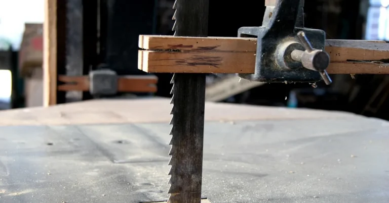 bandsaw blade clamped in a wooden guide block on a workshop bandsaw table
