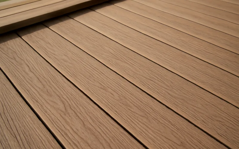 close-up of brown composite decking boards showing embossed wood-grain texture