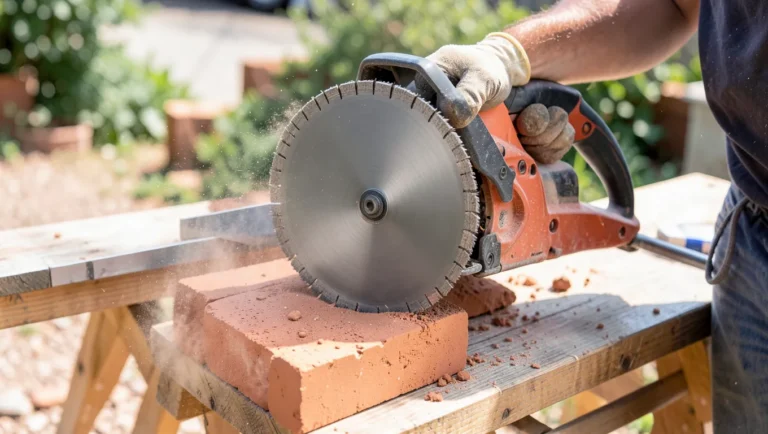 Circular saw fitted with a diamond blade cutting through a red brick outdoors
