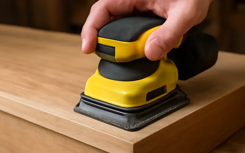 Palm sander smoothing the corner edge of a wooden drawer front