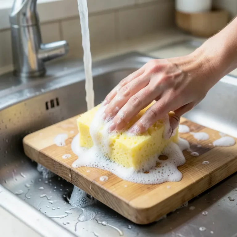 Hand scrubbing a wooden cutting board with a soapy sponge