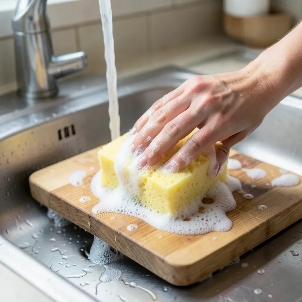 Hand scrubbing a wooden cutting board with a soapy sponge