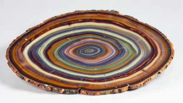 Polished petrified wood slice showing mineral banding and wood grain