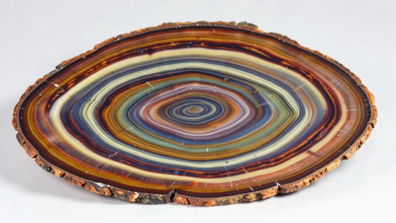 Polished petrified wood slice showing mineral banding and wood grain