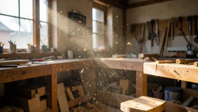 Sawdust particles floating in sunlight in a woodworking shop