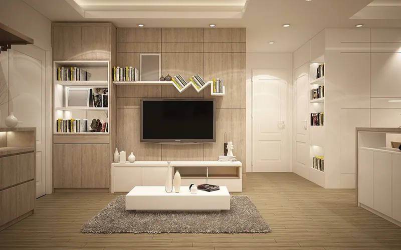 Modern living room with a muted greige wood-look plank floor and gray rug