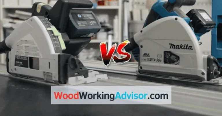 Makita SP6000J and Festool TS55 track saws side by side on a workbench