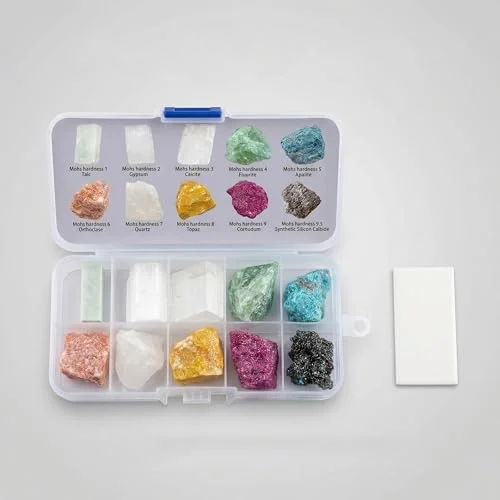 Mohs hardness test kit with mineral specimens and streak plate