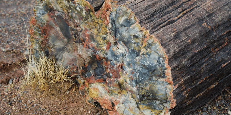 Petrified wood cross-section showing mineral coloring and preserved bark texture