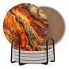 Petrified Wood Agate round ceramic coaster set of 6 with metal stand