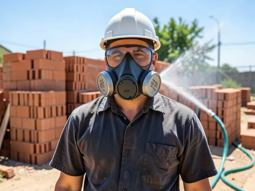 Worker wearing a half-face P100 respirator and safety glasses near stacked bricks with a water hose for wet cutting to control silica dust