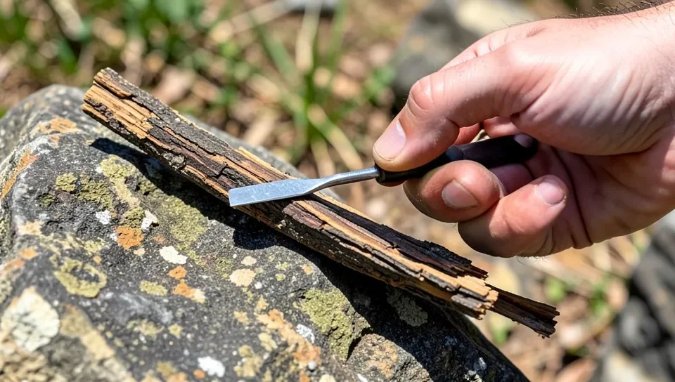Testing petrified wood hardness with a scratch tool
