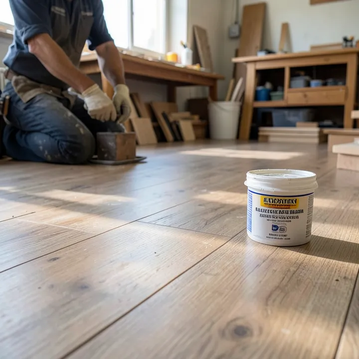 Rubber tapping block and flooring adhesive next to freshly installed vinyl plank flooring Rubber tapping block and flooring adhesive next to freshly installed vinyl plank flooring