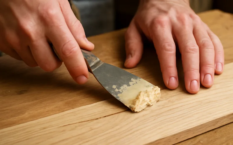 hands pressing tan wood filler paste into a crack in a wood board with a putty knife