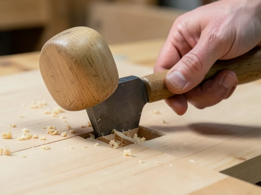 Wooden mallet striking a wood chisel handle while cutting a mortise joint