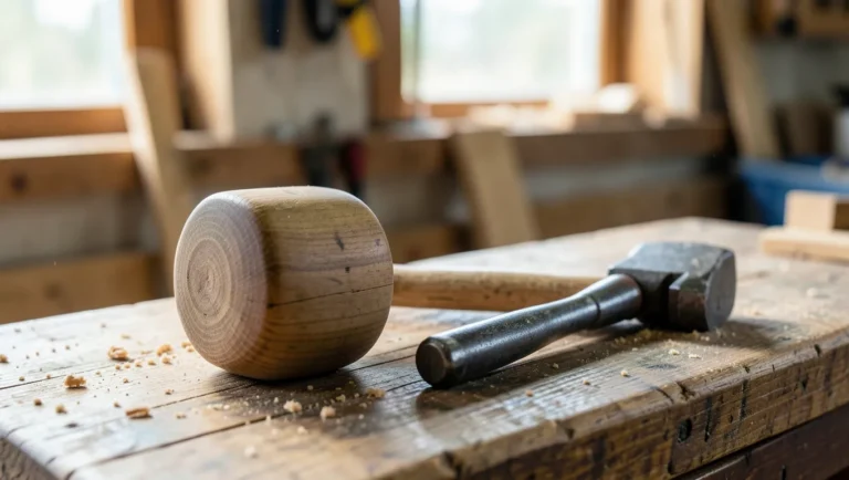 Wooden woodworking mallet resting next to a steel claw hammer on a wood workbench
