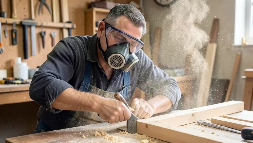 Woodworker wearing a P100 respirator while sanding to avoid inhaling fine wood dust