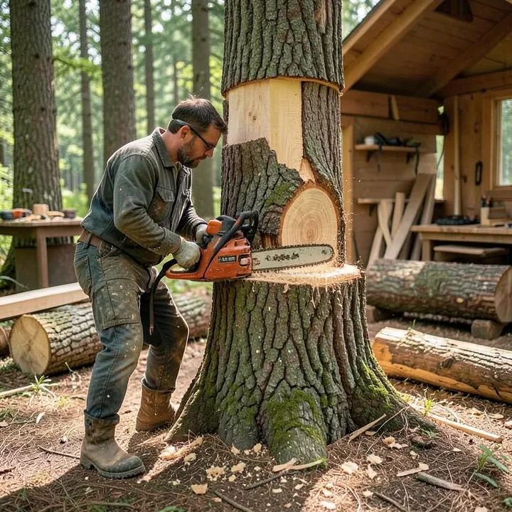 lumberjack cutting a large tree trunk with a chainsaw in the forest lumberjack cutting a large tree trunk with a chainsaw in the forest