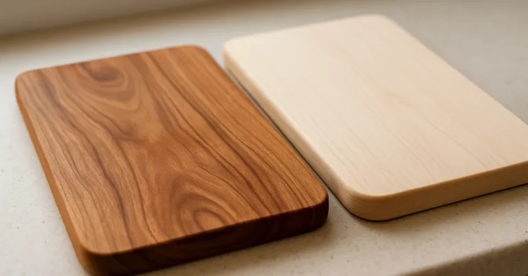 acacia and birch wood cutting boards side by side showing grain and color differences