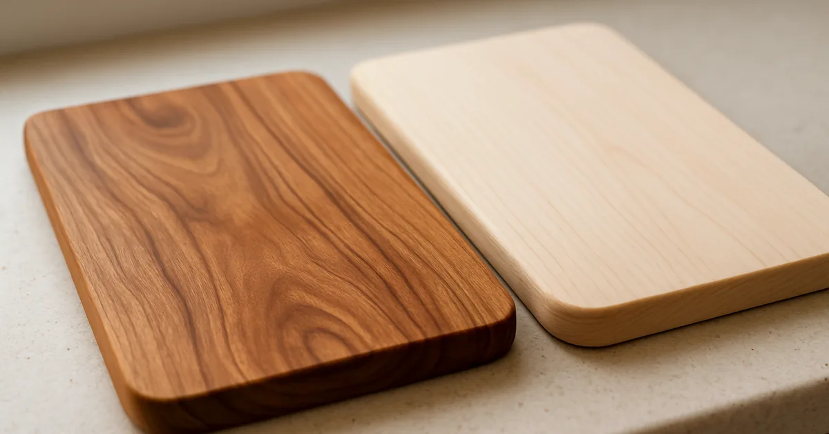 acacia and birch wood cutting boards side by side showing grain and color differences