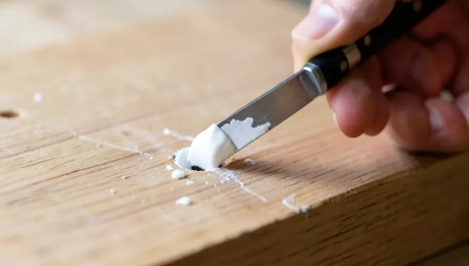 Applying filler to a small hole in wood with a putty knife