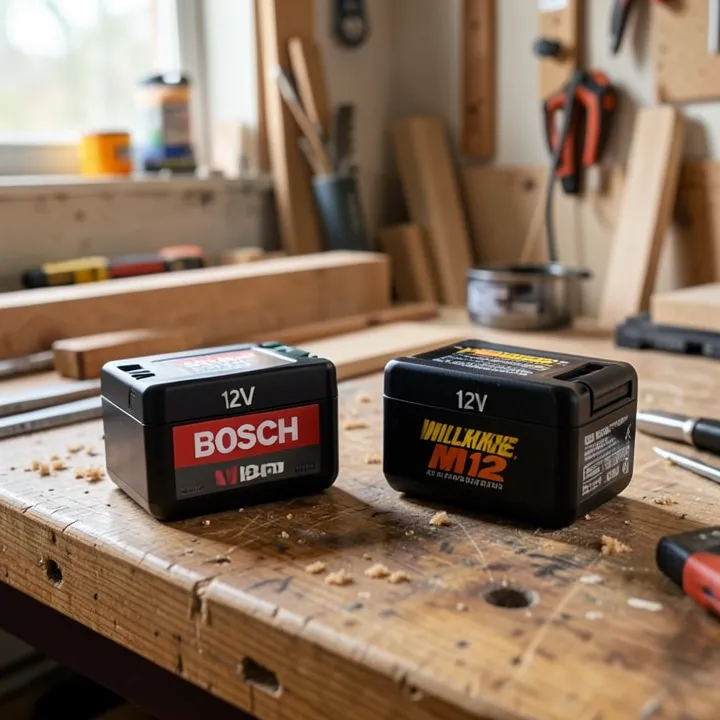 Comparing Bosch 12V and Milwaukee M12 batteries and chargers side by side on a workbench