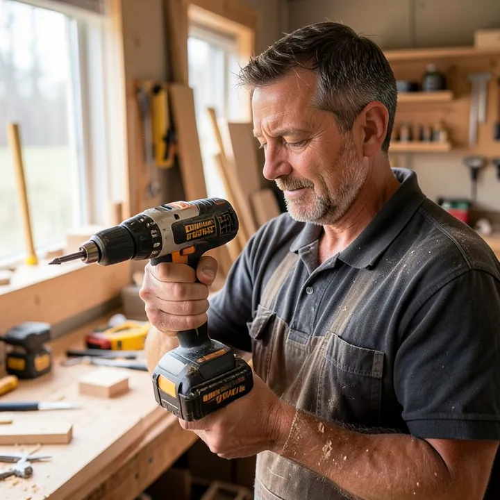 Handyman holding a DeWalt cordless drill powered by its proprietary 20V battery
