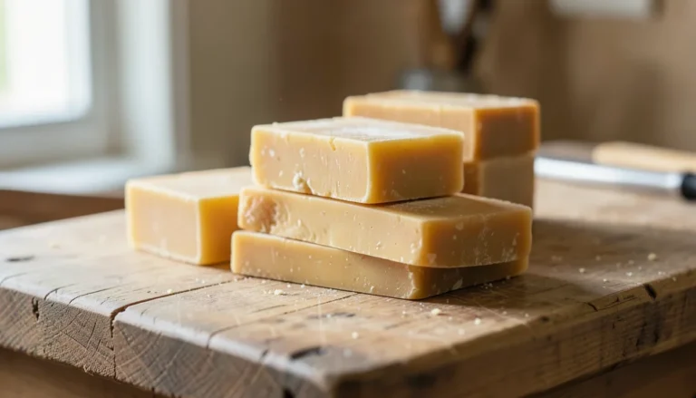 Stack of natural pure beeswax blocks on a wooden workbench
