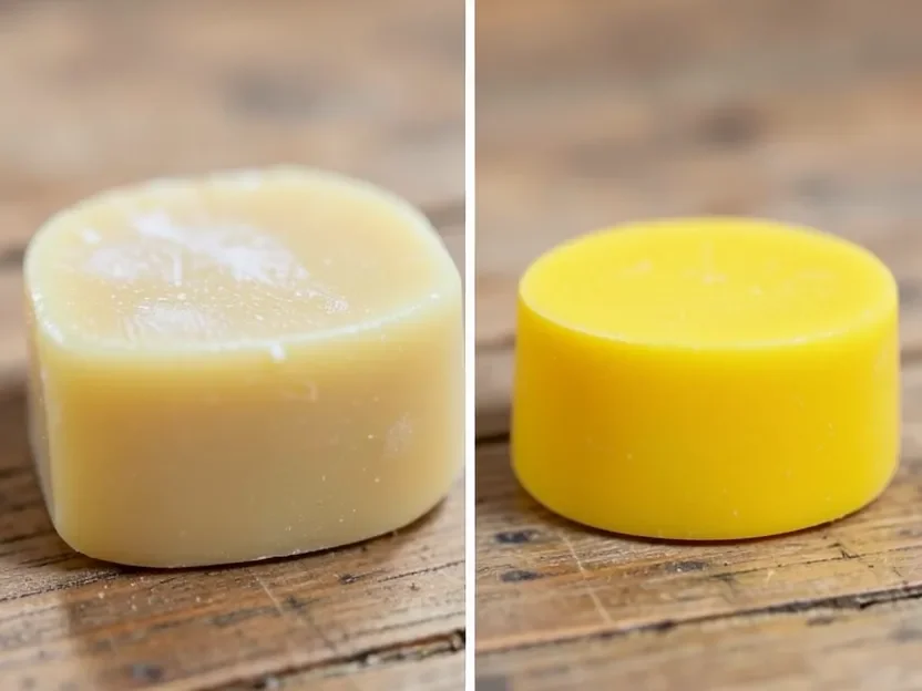 Beeswax block showing natural white bloom next to a fresh yellow beeswax bar